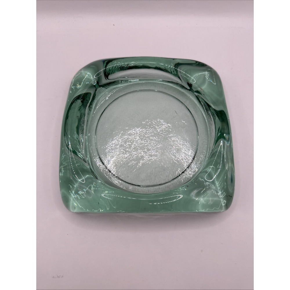 Mid Century Hand blown Art Glass Cigar Ashtray Trinket Tray Heavy Green 6" Vtg